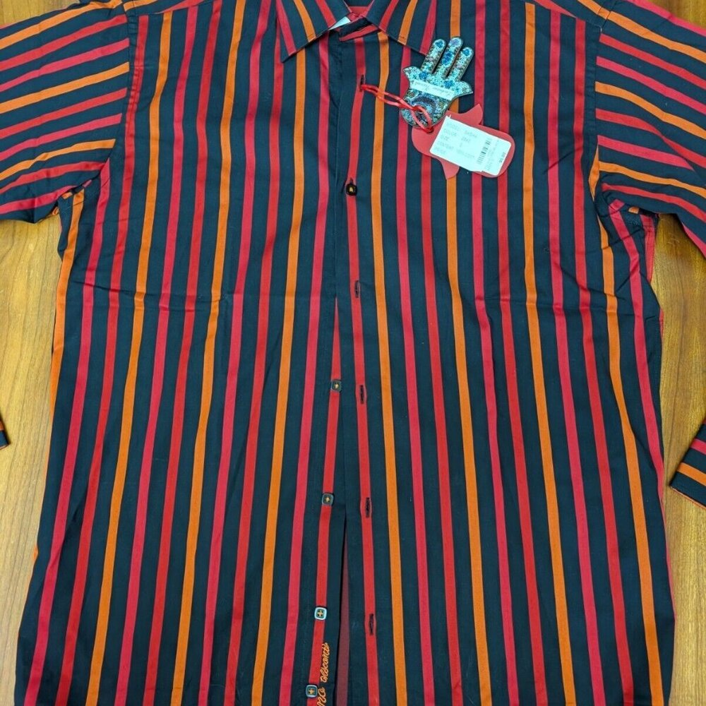 Luchiano Visconti Black Red Mens S Button up Shirt 2-Ply Mercerized Striped New